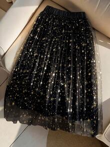 SHEIN 女童彩色亮片网纱半身裙，时尚百搭，适合日常穿着，春秋季 - 黑色 - 查看 1