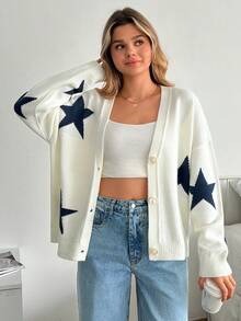 EURMUSE Women's Pentagram Jacquard Drop Shoulder Long Sleeve Casual Loose Knit Cardigan - White - View 6