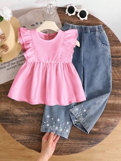 SHEIN Genkimix Kids 两件套：少女可爱简约休闲荷叶边无袖上衣和时尚铆钉牛仔裤