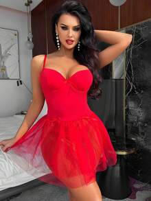 Spicy Aura 2pcs/Set Valentine's Day Lace Bra & Garter Dress Set With Underwire For Women - Red - View 5
