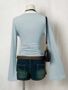 EgrlEra 女士纯色简约收腰长袖T恤，日常穿着 - 淺藍色 - 查看 2