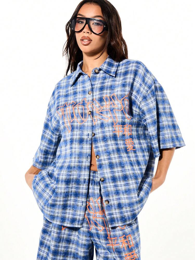 SUMWON WOMEN Washed Check Print Oversized Button Shirt