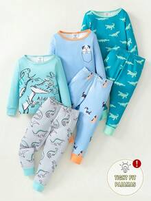 Set de pijamale cu mâneci lungi și pantaloni lungi cu imprimeu cu dinozaur și câini pentru copii mici, cu culori vii și design detaliate, stil casual și distractiv, potrivit pentru copiii mici - Multicolor - Vizualizare 7