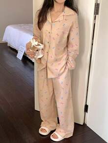 DAZY 蝴蝶结印花宽松开衫长袖长裤女士睡衣套装 - 卡其色 - 查看 8
