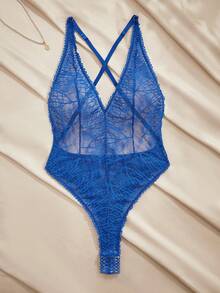 Charlaine Navy Blue Deep V Lace Patchwork Sheer Crotch Snap Closure Romantic French Elegant Bodysuit For Women - Royal Blue - View 8