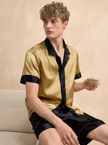 EverLounge 男士缎面撞色领口睡衣套装，舒适优雅，秋季睡衣 - 彩色 - 查看 5