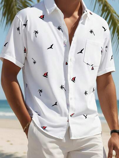 SHEIN Teen Boys' White Short Sleeve Shirt With Tropical Palm Tree, Boat & Dot Print, Casual, Comfortable, Versatile For Daily Wear, School, Travel, Music Festivals, Parties, Summer Beach Vacations