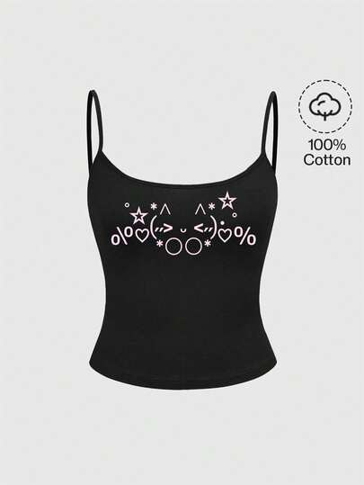Cute Emoticon Y2K Korean Kawaii Blushing Cat Face Graphic Black Camisole For Women