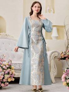 SHEIN Đầm xòe tay ngắn dáng chữ A bằng vải satin jacquard màu xanh dương sang trọng dành cho thiếu nữ. - Màu xanh lam - Xem 4