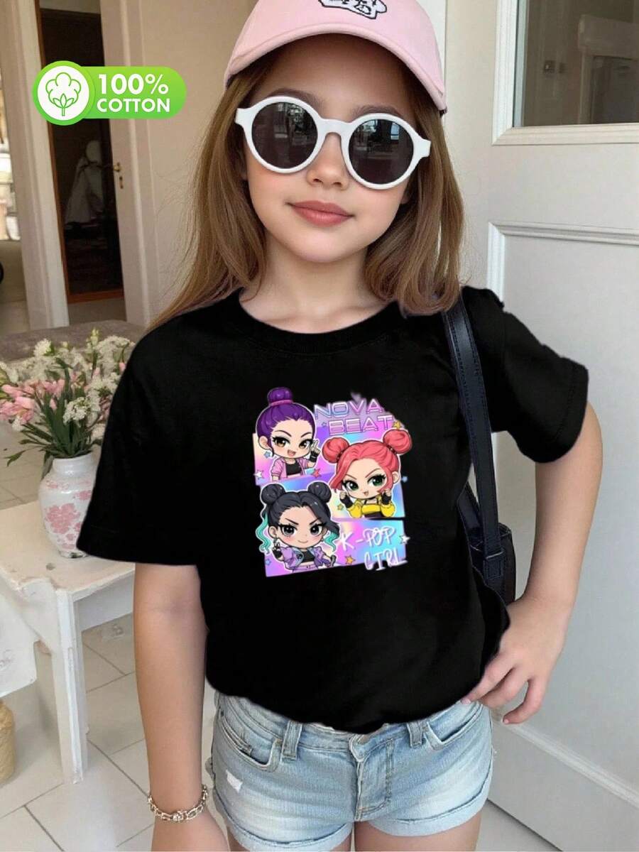 algodón puro t shirts girls clothes shirts girl clothes teen girl clothes kids clothes girls mommy and daughter matching outfit shirts for teen girls clothes graphic kpop cute tops teen girls clothes girls clothing girls shirts kpop demom hunters - Negro - Ver 1