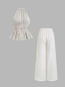 Sweetra Bộ đồ nữ kiểu Pháp giản dị, thoải mái, màu sắc tươi tắn gồm áo cổ yếm, eo nhún, hở lưng và quần ống rộng, dáng suông, thích hợp cho mùa xuân/hè. - Màu be - Xem 2