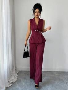 Elenzga 女士酒红色条纹独特设计无袖西装外套，V领纽扣前襟，收腰宽松阔腿裤，高品质优雅生日礼物，适合约会、派对、正式场合、品酒会、音乐节、情人节、复活节、劳动节、返校季、单身派对、节日装扮、春季套装，小众设计无袖西装外套搭配宽松阔腿裤，优雅两件套。 - 酒紅色 - 查看 4