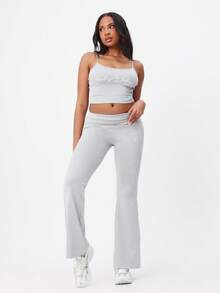 BABYPHAT Casual Lounge Flare Pants With Logo Script Print High Rise Wide Leg Bottoms Comfortable Relaxed Fit Elastic Waistband - Grey - View 2