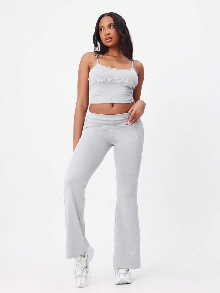 BABYPHAT Casual Lounge Flare Pants With Logo Script Print High Rise Wide Leg Bottoms Comfortable Relaxed Fit Elastic Waistband