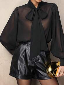 NOVVYNE Women's Solid Color Tie Front Long Sleeve Shirt - Black - View 4