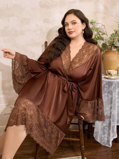  Côtesoire Elegant Vintage Mature Knowledgeable Loose Comfortable Brown Lace Patchwork Crossover Collar Plus Size Robe, Suitable For Home Wear Plus Size Night Wear Lingerie Robe Set Plus Size Lingerie Robe Set Plus Size Sexy Sleepwear Plus Size Robes For Women