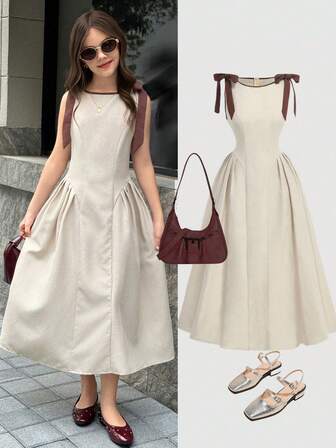 Firerie Kids Tween Girls' Colorblock Bow Tie Waist Dress, Casual Elegant Fashion Versatile Suitable For Daily Wear, Ceremonies, Parties, New Girls Dress