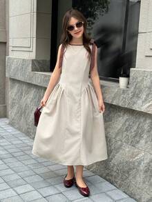 Firerie Kids Đầm phối màu thắt nơ eo cho bé gái tuổi teen, kiểu dáng thanh lịch, đa năng, phù hợp mặc hàng ngày, dự lễ, tiệc tùng, đầm mới cho bé gái. - Màu be - Xem 6