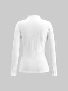 SHEIN Frenchy 92% Cotton Women's Ribbed Round Neck Long Sleeve Casual T-Shirt For Fall And Winter, Striped Basic Fitted Style With White Warm Turtleneck. Slim-Fitting And Versatile, Suitable For Daily Wear, Commuting, Home, And Layering. Stylish For Dates, Spring - White - View 8