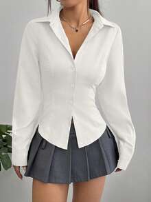 Flirla Women's Casual Versatile Commuter Solid Color Waist Shirt - White - View 6