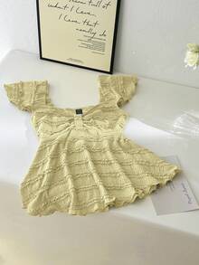 Elamini 女士方领休闲宽松腰部褶皱T恤，春夏款 - 黃色 - 查看 3