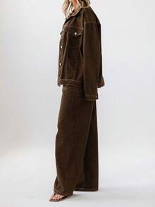 Aralina 经典纽扣式落肩休闲牛仔夹克 - 巧克力棕 - 查看 9