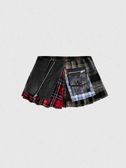 Grunge Punk Women's Kpop Asymmetric Hem Plaid Patchwork Skirt