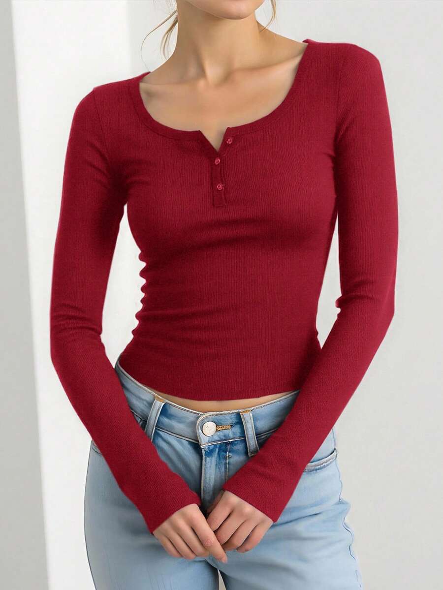 SHEIN 少女黑色纯色半拉链休闲针织长袖T恤 - 酒紅色 - 查看 1