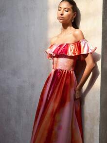 Aveloria Modichic 法式别致小众品质缎面长裙，弹力褶皱荷叶边露肩百搭度假风无袖连衣裙，修身显瘦 - 玫紅色 - 查看 1