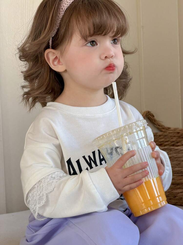 Toddler Girls' Round Neck Letter Print Long Sleeve Lace Blouse