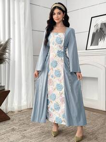 SHEIN 少女优雅提花连衣裙，金色丝带束腰，喇叭袖，端庄的阿拉伯风格长袍，适合春秋季日常穿着。 - 藍色 - 查看 7