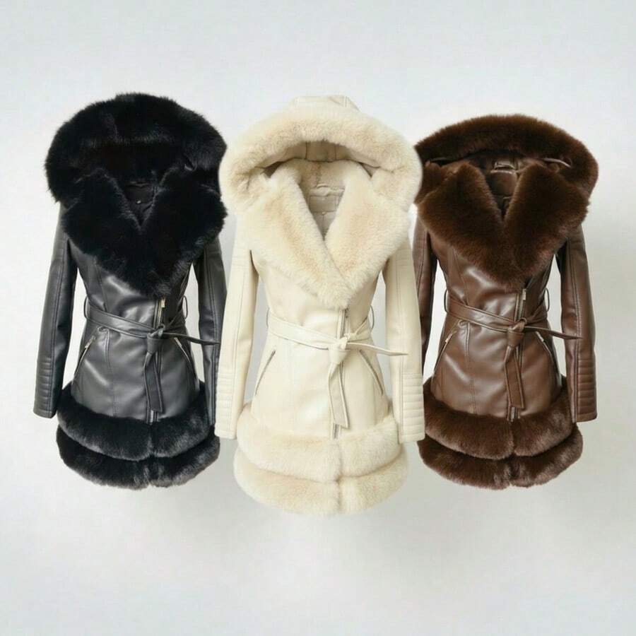 Abrigo Largo para Mujer con Cinturón y Detalle Tipo Peluche Elegante 3Pz - Negro - Ver 1
