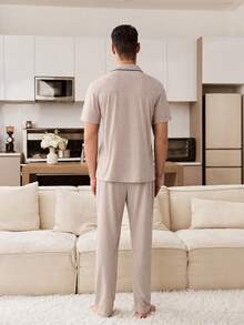 CoupledUp Men's Khaki Collar Black Stripe Trim Super Soft Draping Knit Fabric Short Sleeve Top And Pants, Casual Couple Loungewear/Sleepwear Set - Khaki - View 4