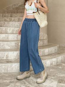 FRIFUL Quần Jeans Denim Màu Trơn Thường Ngày Cho Nữ - Màu xanh lam - Xem 4