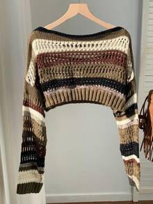 SHEIN EZwear Striped Pattern Drop Shoulder Crop Sweater,Long Sleeve Tops,Knitted Sweater In Fall/Winter - Multicolor - View 4