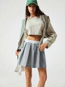 Zielony 女士休闲高腰A字褶皱迷你裙 - 淺灰色 - 查看 4