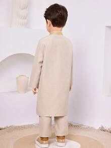 SHEIN 2pcs Kids Boy Casual Versatile Khaki Collared Shirt & Loose Shorts Set, Suitable For School, Garden, Beach, Birthday, Spring/Summer, Long Sleeve Shirt And Pants Set - Khaki - View 5