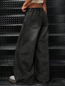 SHEIN Quần jean denim ống rộng cạp cao, họa tiết ngôi sao, tua rua, rách nhẹ, kiểu dáng thời trang Y2K thập niên 90 dành cho bé gái, gấu quần cắt thô và túi xéo, phong cách thường ngày thoải mái, tối giản, thiết thực, đa năng, chất liệu mềm mại, thích hợp cho mùa thu đông, đi học, lễ hội, thời trang đường phố. - màu đen - Xem 2