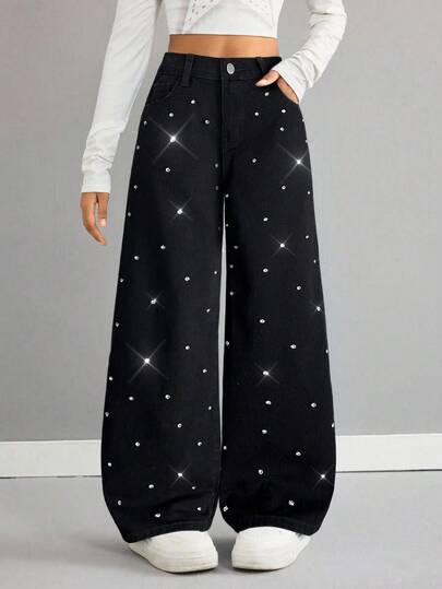 SHEIN 少女Y2K浅色水洗水钻装饰口袋阔腿宽松休闲牛仔裤，闪亮水钻宽松阔腿牛仔裤，秋冬休闲牛仔裤，宽松牛仔裤，机场休闲，阔腿裤，街头风，趣味牛仔裤，返校季，优雅派对闪亮，圣诞节