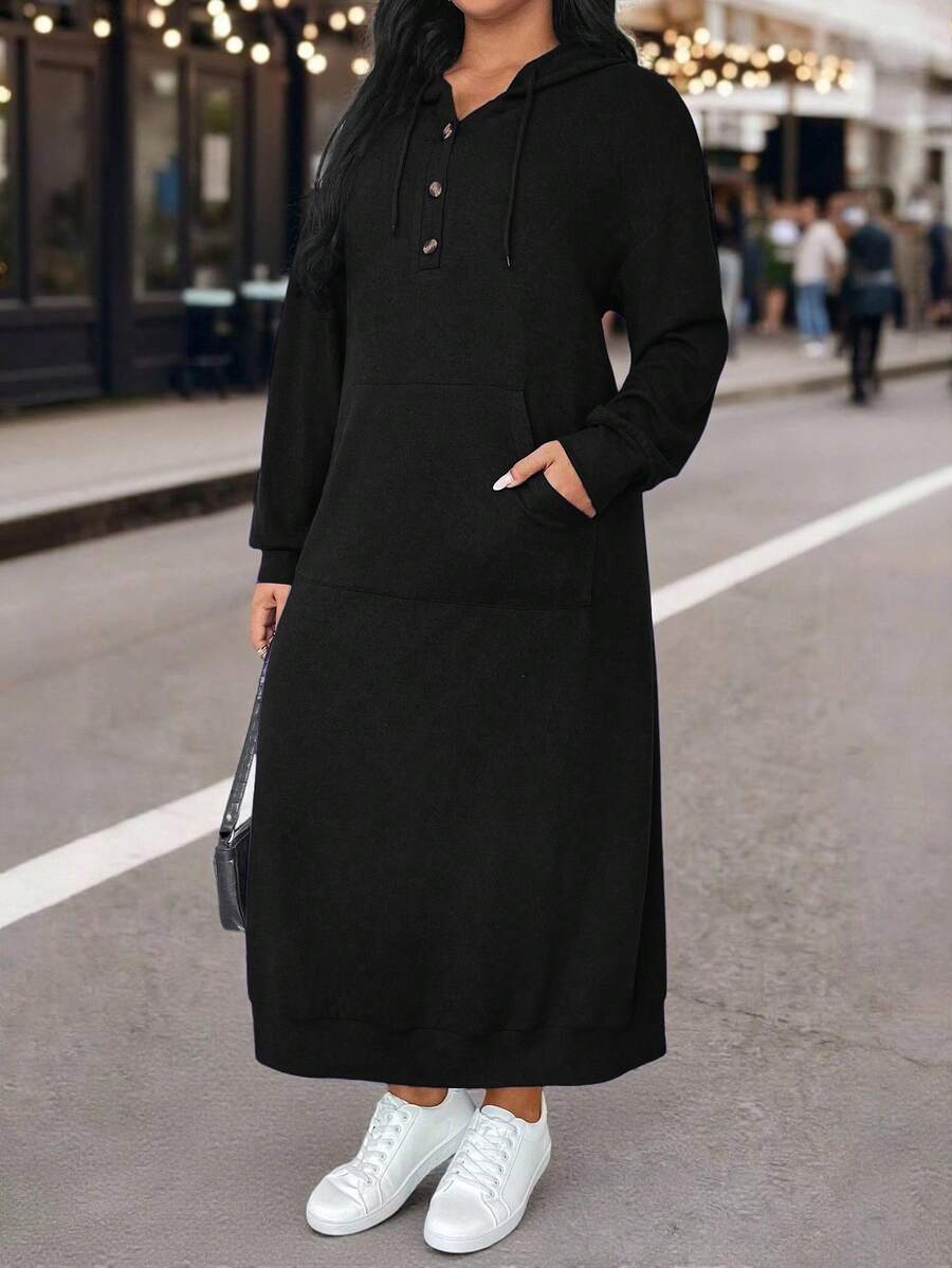 EMERY ROSE 大码纯色连帽抽绳口袋长袖卫衣，适合毕业季、返校季、教师节等场合，秋冬季黑色长袖连衣裙，款式端庄得体，适合女性穿着，也可作为冬季连衣裙或卫衣穿着。 - 黑色 - 查看 1