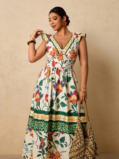 Travachic Vestido largo de mujer talla grande con estampado floral tropical, cuello en V, mangas con volantes, cintura ceñida y falda en línea A, vestido romántico para vacaciones en primavera temprana