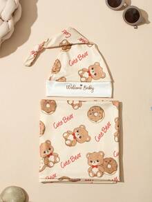 SHEIN Set de 2 piezas Manta de envoltura para fotografía de bebé recién nacido con gorro a juego, con estampado de oso y dona para sesión de fotos de recién nacido, accesorios de fotografía