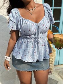 Sunnyshic 大码女式休闲度假甜樱桃格子可爱衬衫 - 彩色 - 查看 4