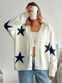EURMUSE Women's Pentagram Jacquard Drop Shoulder Long Sleeve Casual Loose Knit Cardigan - White - View 7