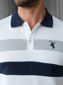 Manfinity CasualCool 男士休闲通勤运动风机车印花撞色条纹长袖Polo衫和长裤套装，春秋季 - 白色 - 查看 6