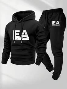 Manfinity Homme 男士落肩长袖抽绳连帽宽松卫衣两件套，圣诞礼物，男士两件套，新年套装，男装，男士礼物，男士慢跑套装，男士连帽衫和运动裤套装，男士运动服套装，男士两件套 - 黑色 - 查看 3