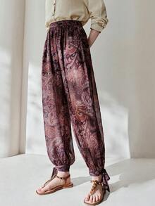 Frievida 波西米亚风腰果花印花雪纺灯笼裤，中腰常规长度长裤 - 彩色 - 查看 3