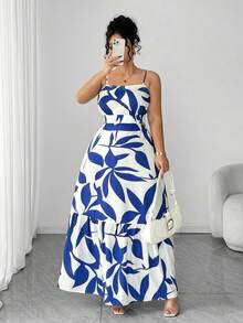 Elenzga Vestido elegante de mujer talla grande con tirantes finos, cintura fruncida y diseño evasé, con estampado de hojas de dos colores, diseño evasé estilizador, elegante y sofisticado, adecuado para volver al colegio, graduación, San Valentín, festivales de música, Día de la Madre, Halloween, Acción de Gracias, Pascua, Día Nacional, galas, citas, fiestas, bodas, actividades al aire libre - Morado - Ver 3