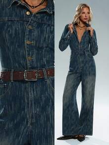 TRNVIE 女士时尚休闲Y2K复古性感牛仔连体裤 - 中等水洗藍 - 查看 1
