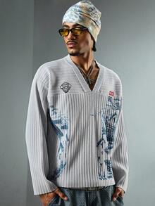 ROMWE MEN Street Life Men's Blue V-Neck Sweater With Architectural Line Pattern - Grey - View 7